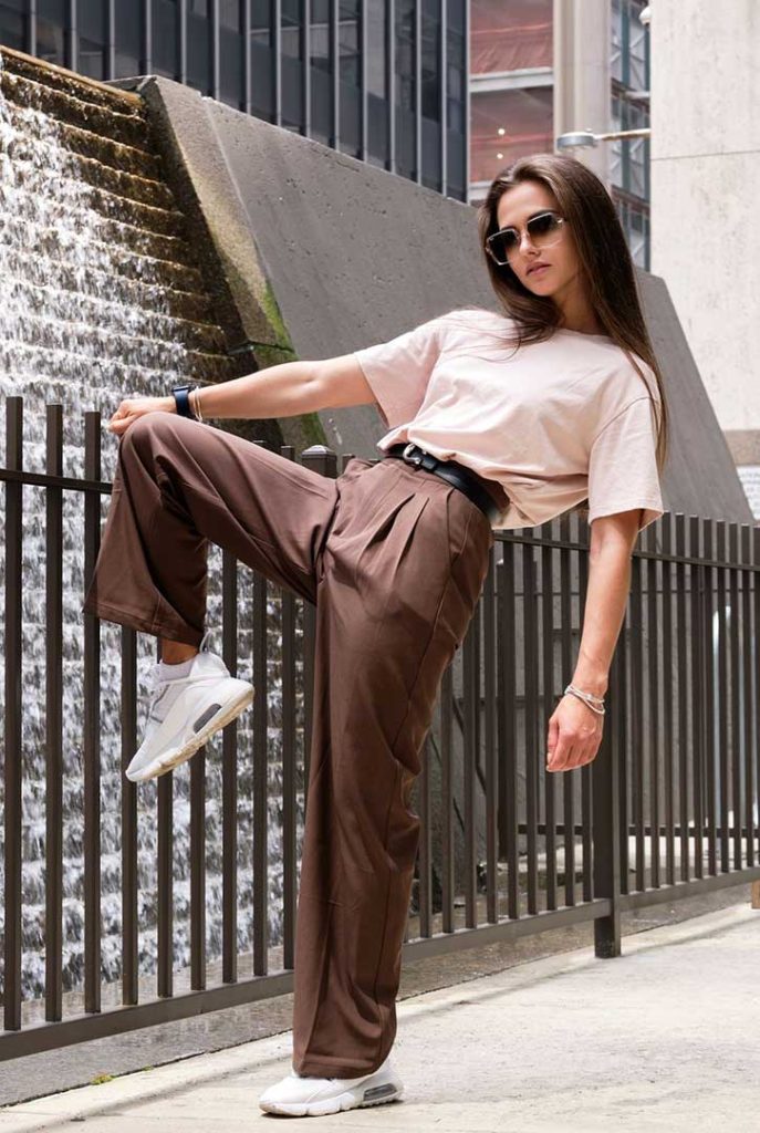 neutral t-shirt with wide-leg trousers