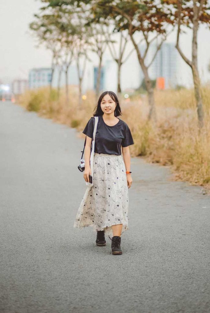 striped t-shirt and maxi skirt